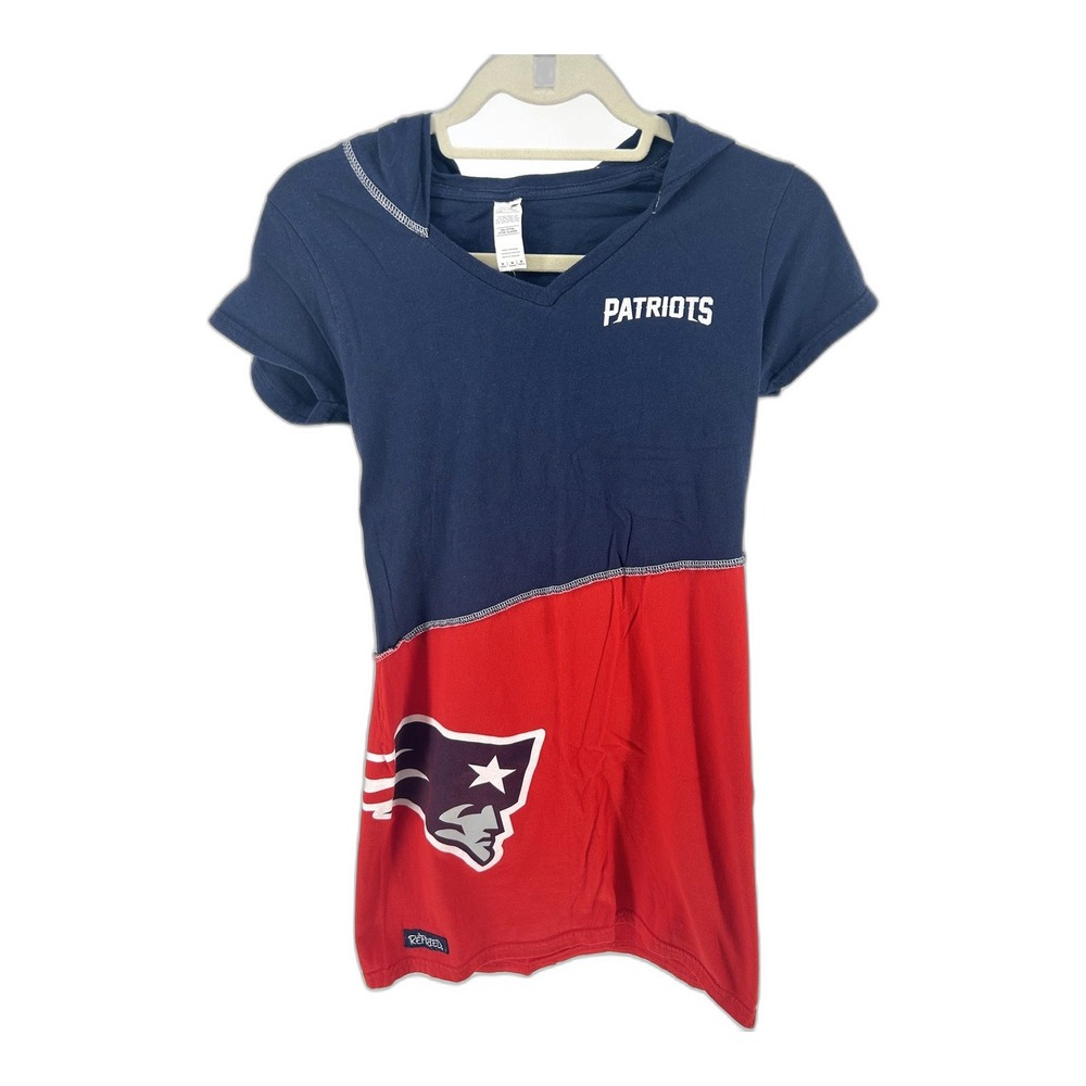 Refried New England Patriots Reworked Hooded Tee Womens M Navy Red Upcycled